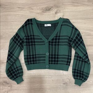 Hollister Plaid Knit Cardigan in Green and Black